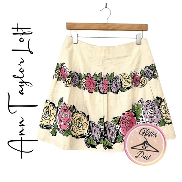 Ann Taylor Loft Ivory Floral A-Line Spring Skirt - Picture 1 of 7